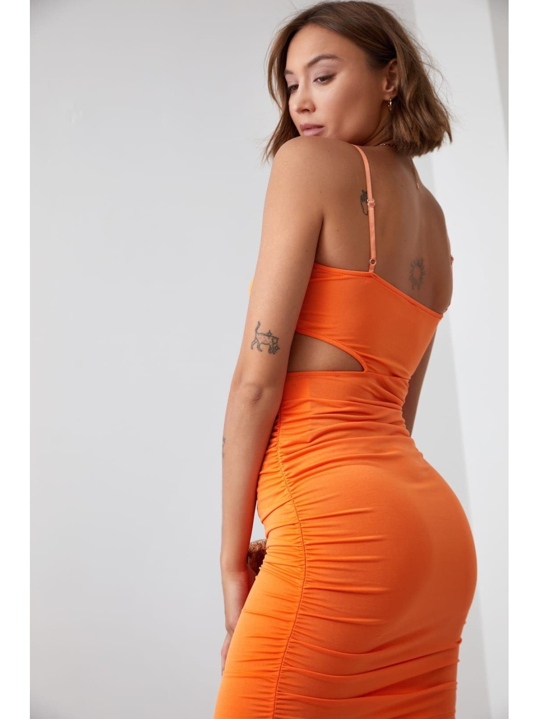 Sensual mini dress with a cutout, neon orange 22616 - Online store - Boutique